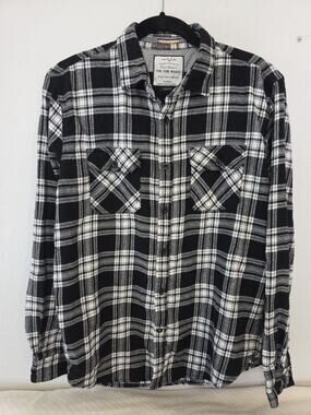 On The Road Shirt Mens Black White Plaid Flannel Great Outdoors Slim Lg Cotton